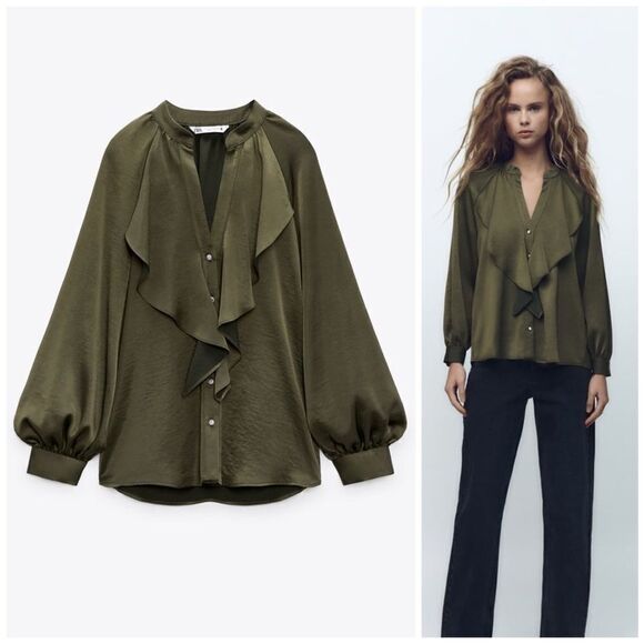 ZARA JEWEL BUTTON RUFFLED SATIN EFFECT BLOUSE - Picture 1 of 9